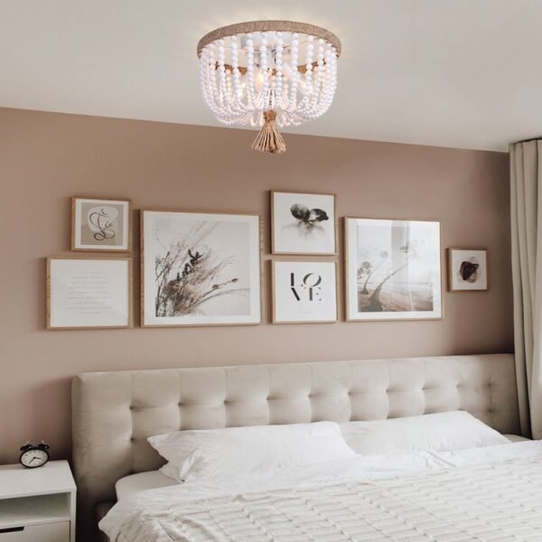 Wood Beaded Flush Mount Ceiling Chandelier Light - Image 4